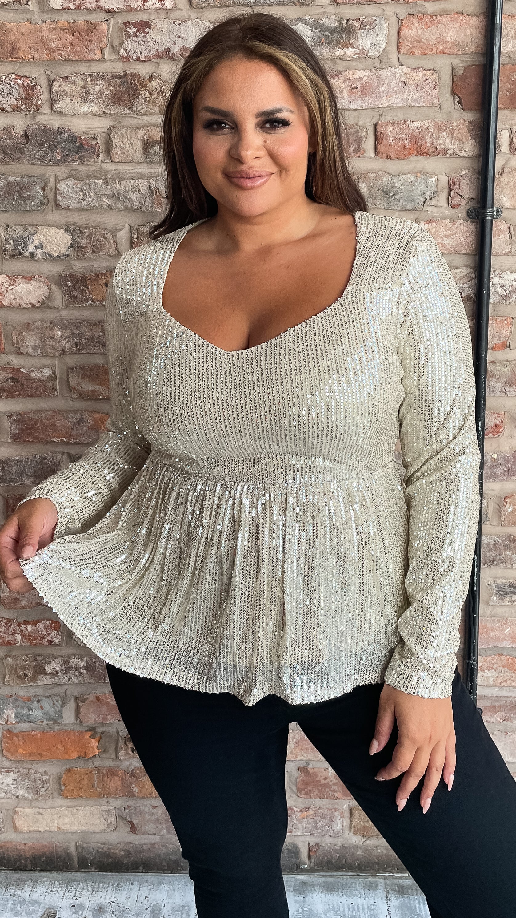 CurveWow Sequin Sweetheart Peplum Top Gold