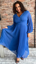 CurveWow Pleated Wrap Midi Dress Blue