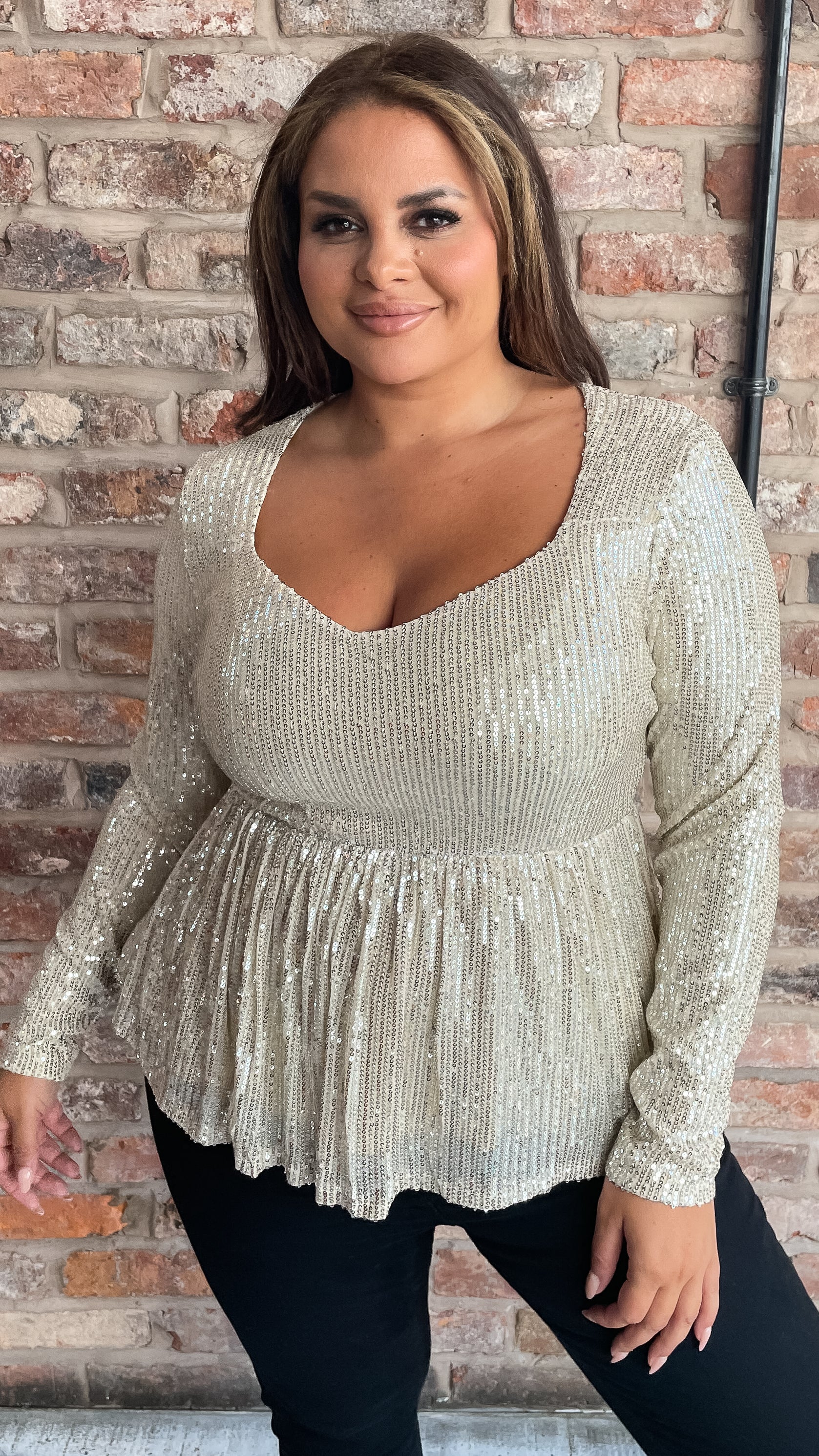 CurveWow Sequin Sweetheart Peplum Top Gold