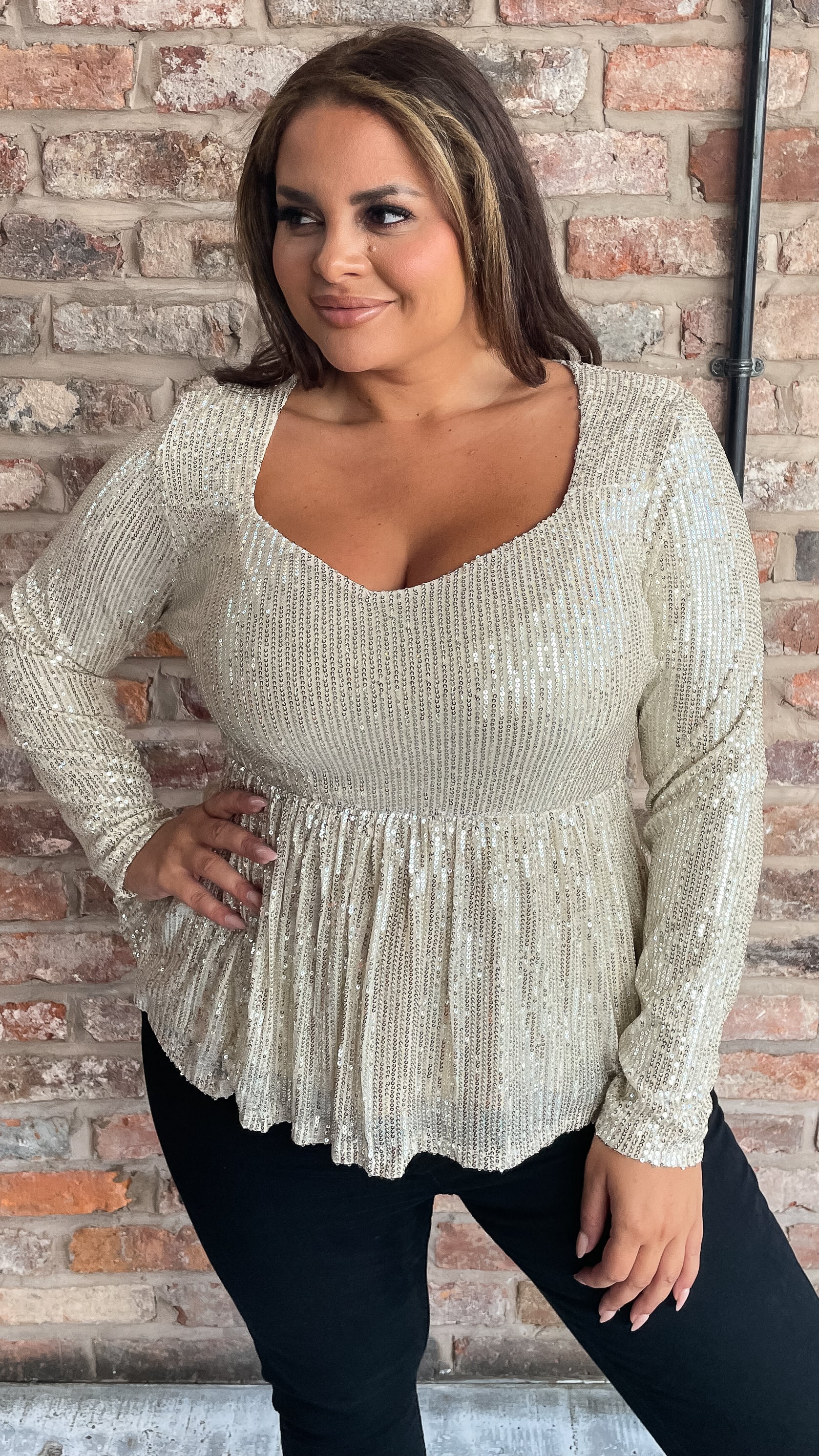 CurveWow Sequin Sweetheart Peplum Top Gold