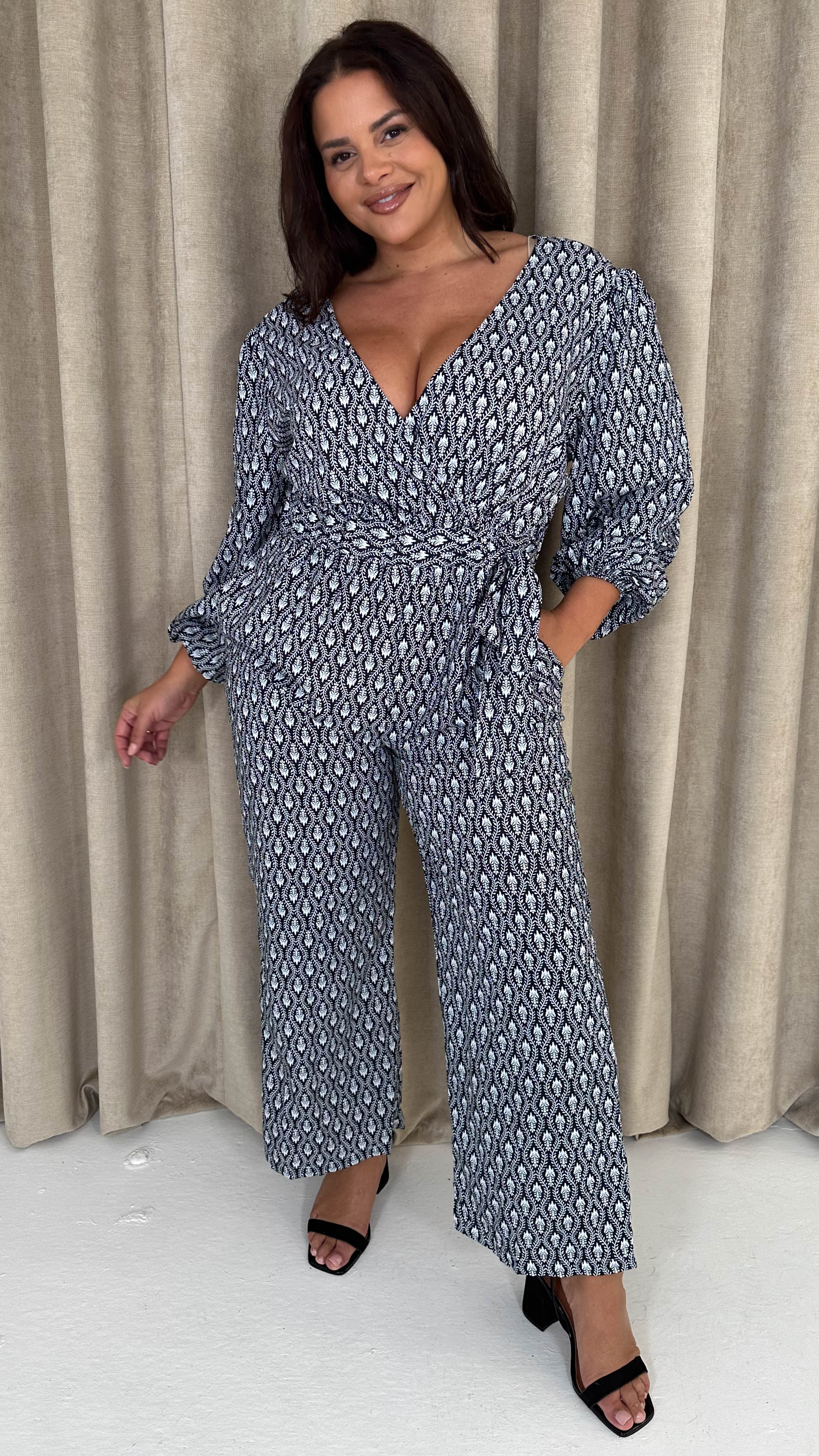 CurveWow Wrap Tie Side Jumpsuit Black Mono