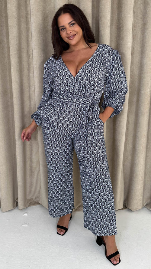 CurveWow Wrap Tie Side Jumpsuit Black Mono