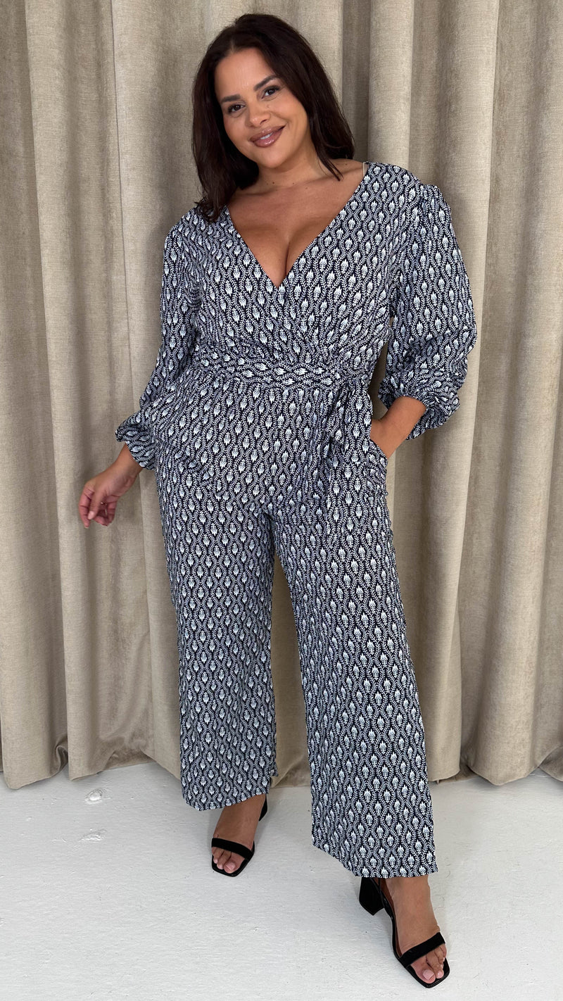 CurveWow Wrap Tie Side Jumpsuit Black Mono