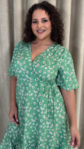 CurveWow Wrap Angel Sleeve Trapeze Midi Dress Green Ditsy