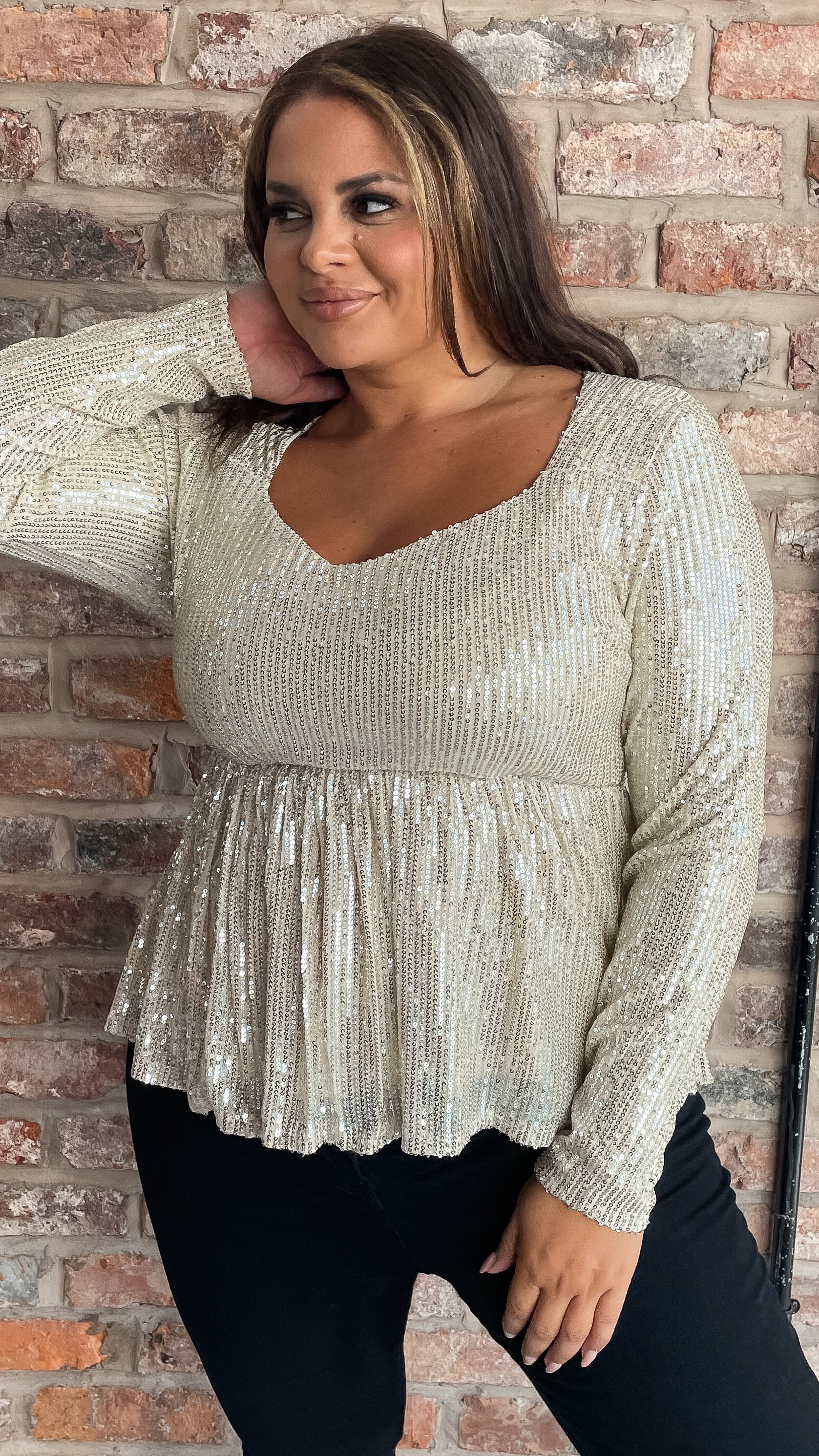 CurveWow Sequin Sweetheart Peplum Top Gold