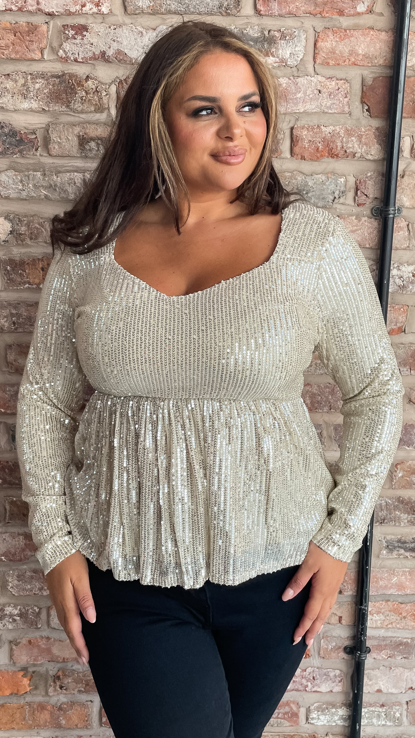 CurveWow Sequin Sweetheart Peplum Top Gold