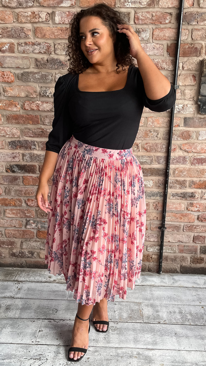 CurveWow Pleated Pink Floral Skirt