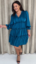 CurveWow Striped Satin Tiered Mini Dress Teal