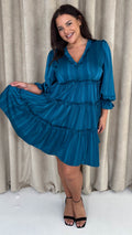 CurveWow Striped Satin Tiered Mini Dress Teal