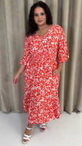 CurveWow Shirred Waist Frill Hem Sleeve Midi Dress Red Floral