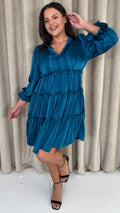 CurveWow Striped Satin Tiered Mini Dress Teal
