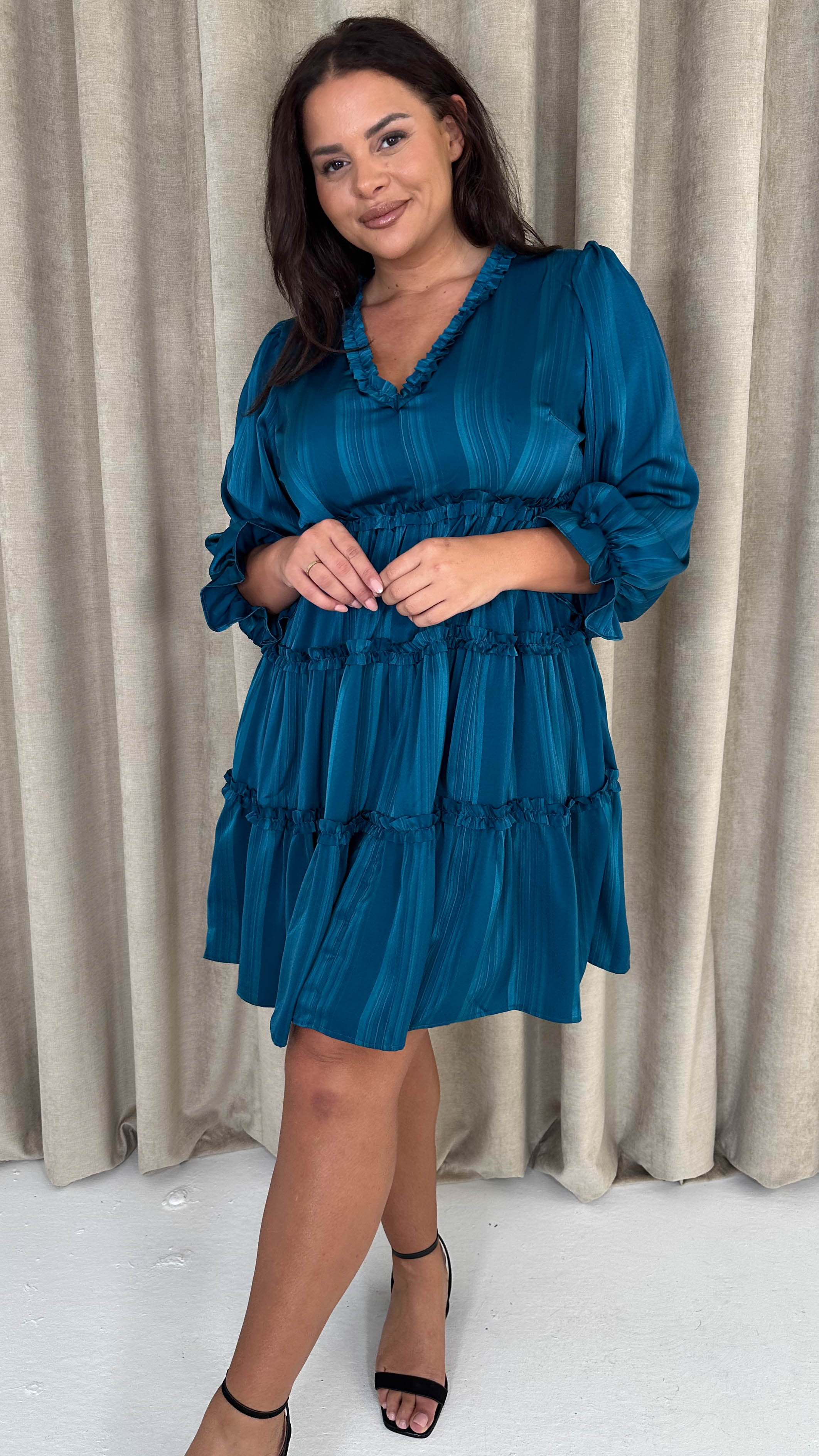 CurveWow Striped Satin Tiered Mini Dress Teal