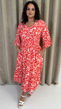 CurveWow Shirred Waist Frill Hem Sleeve Midi Dress Red Floral