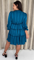 CurveWow Striped Satin Tiered Mini Dress Teal