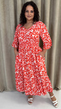 CurveWow Shirred Waist Frill Hem Sleeve Midi Dress Red Floral