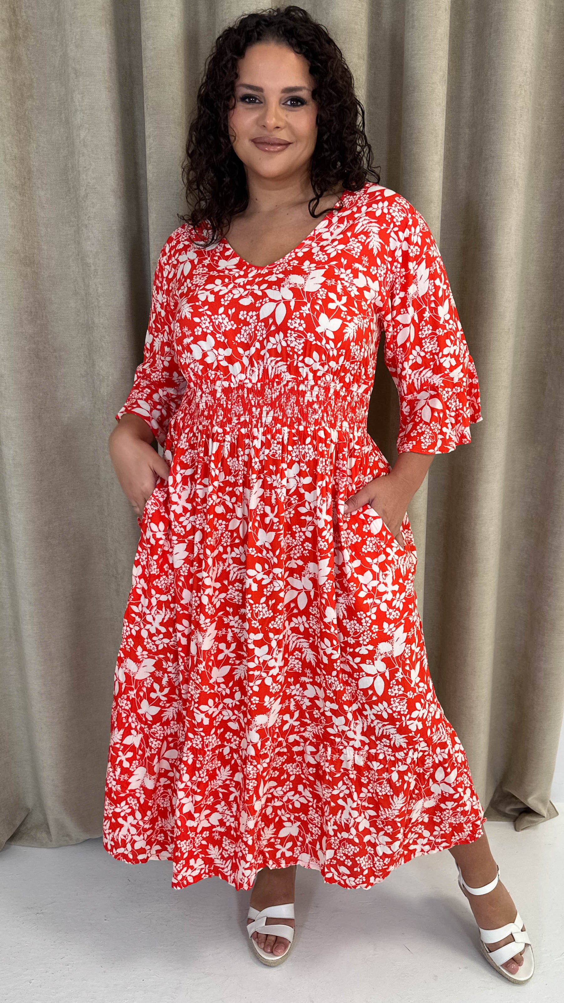 CurveWow Shirred Waist Frill Hem Sleeve Midi Dress Red Floral Curvewow CurveWow Shirred Waist Frill Hem Sleeve Midi Dress Red Floral Curvewow