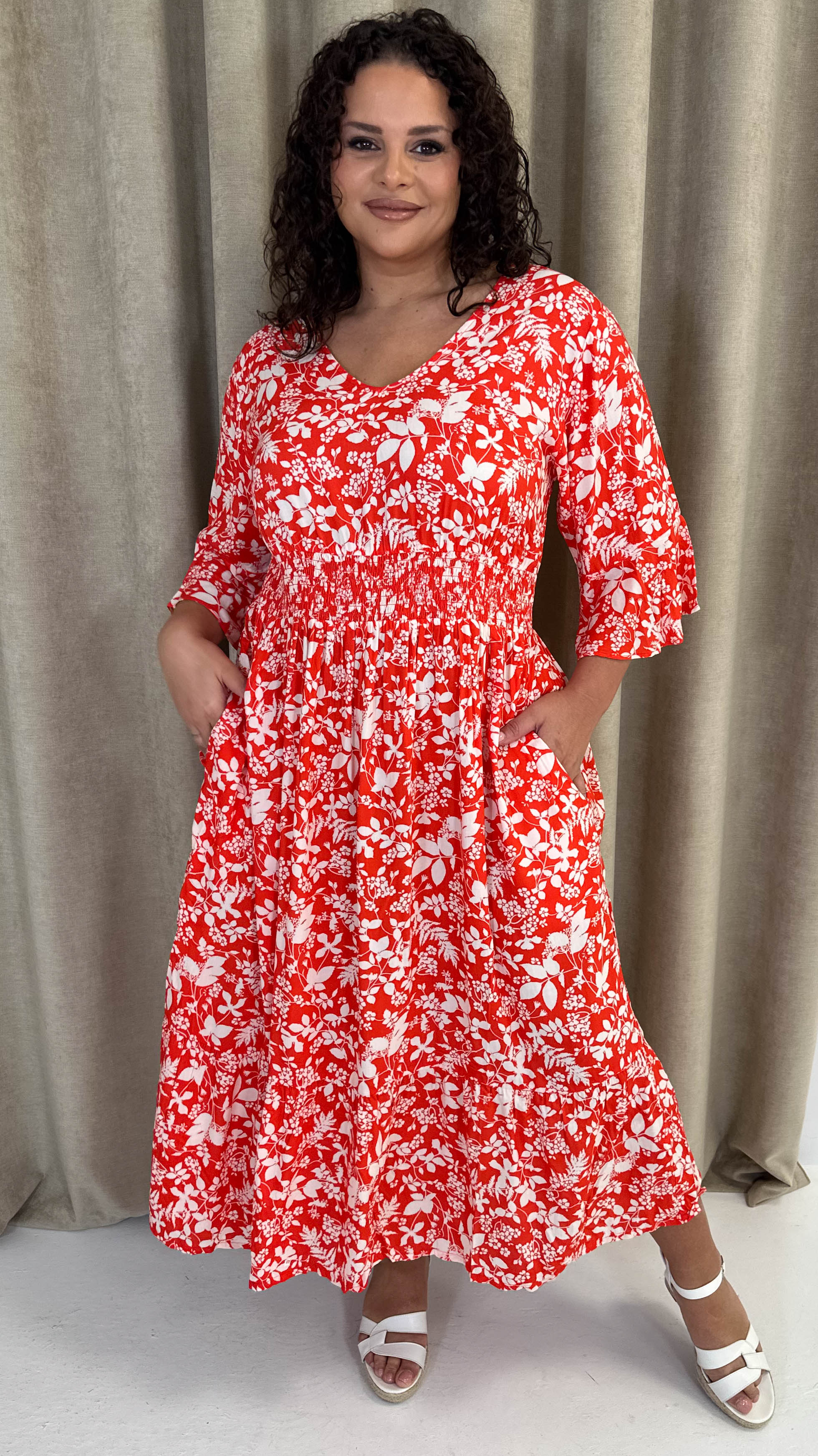 CurveWow Shirred Waist Frill Hem Sleeve Midi Dress Red Floral Curvewow CurveWow Shirred Waist Frill Hem Sleeve Midi Dress Red Floral Curvewow