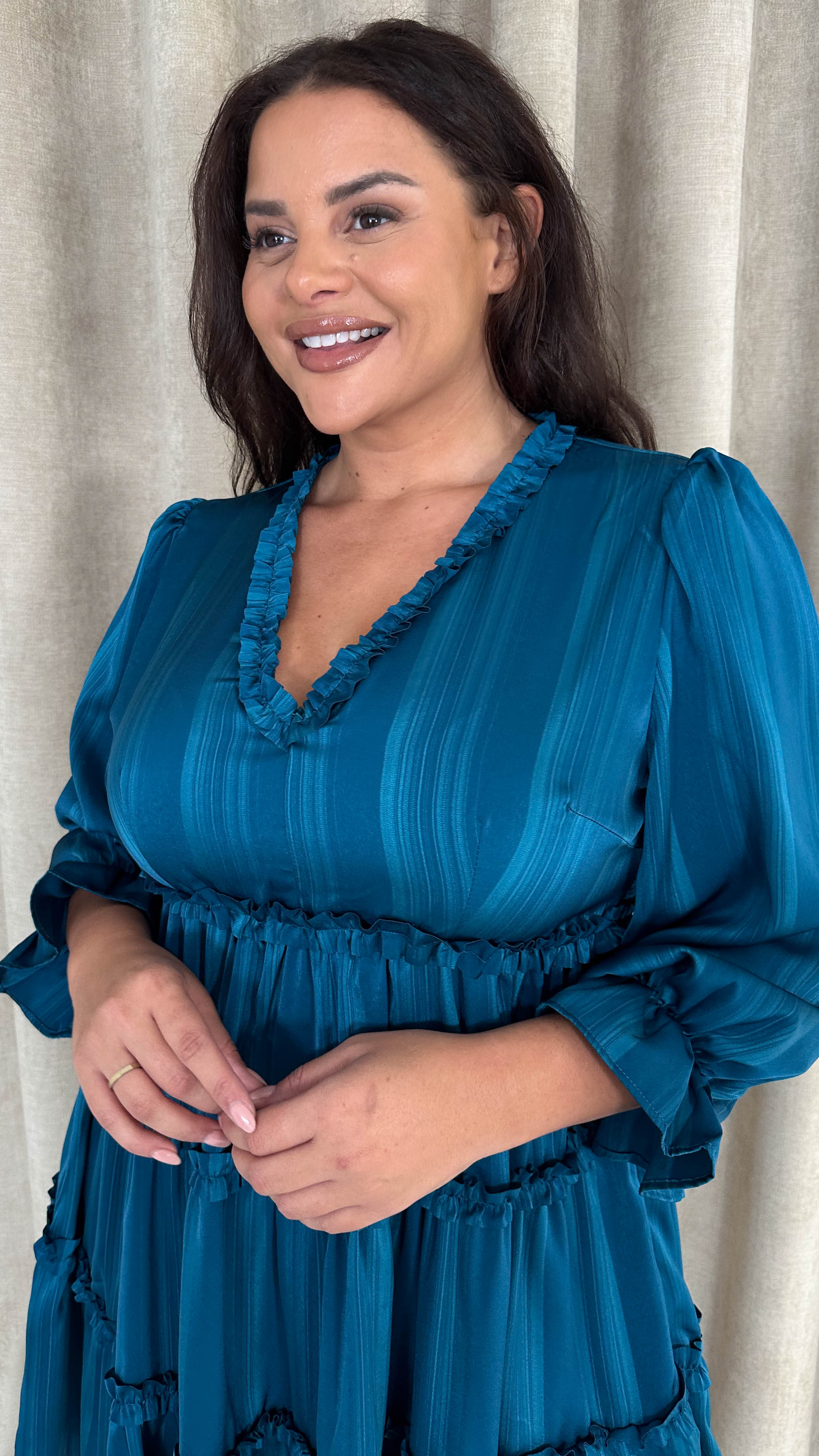 CurveWow Striped Satin Tiered Mini Dress Teal