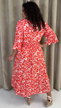 CurveWow Shirred Waist Frill Hem Sleeve Midi Dress Red Floral