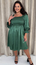 CurveWow Printed Satin Shirred Top Mini Dress Forest Green
