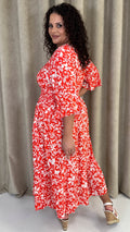 CurveWow Shirred Waist Frill Hem Sleeve Midi Dress Red Floral