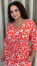 CurveWow Shirred Waist Frill Hem Sleeve Midi Dress Red Floral