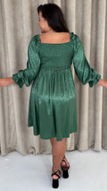CurveWow Printed Satin Shirred Top Mini Dress Forest Green