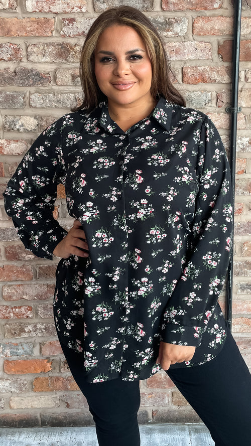 CurveWow Longline Shirt Floral Print Black