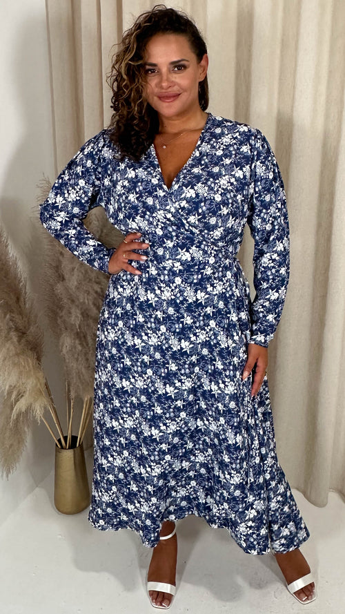CurveWow Long Sleeve Wrap Dress Blue Ditsy