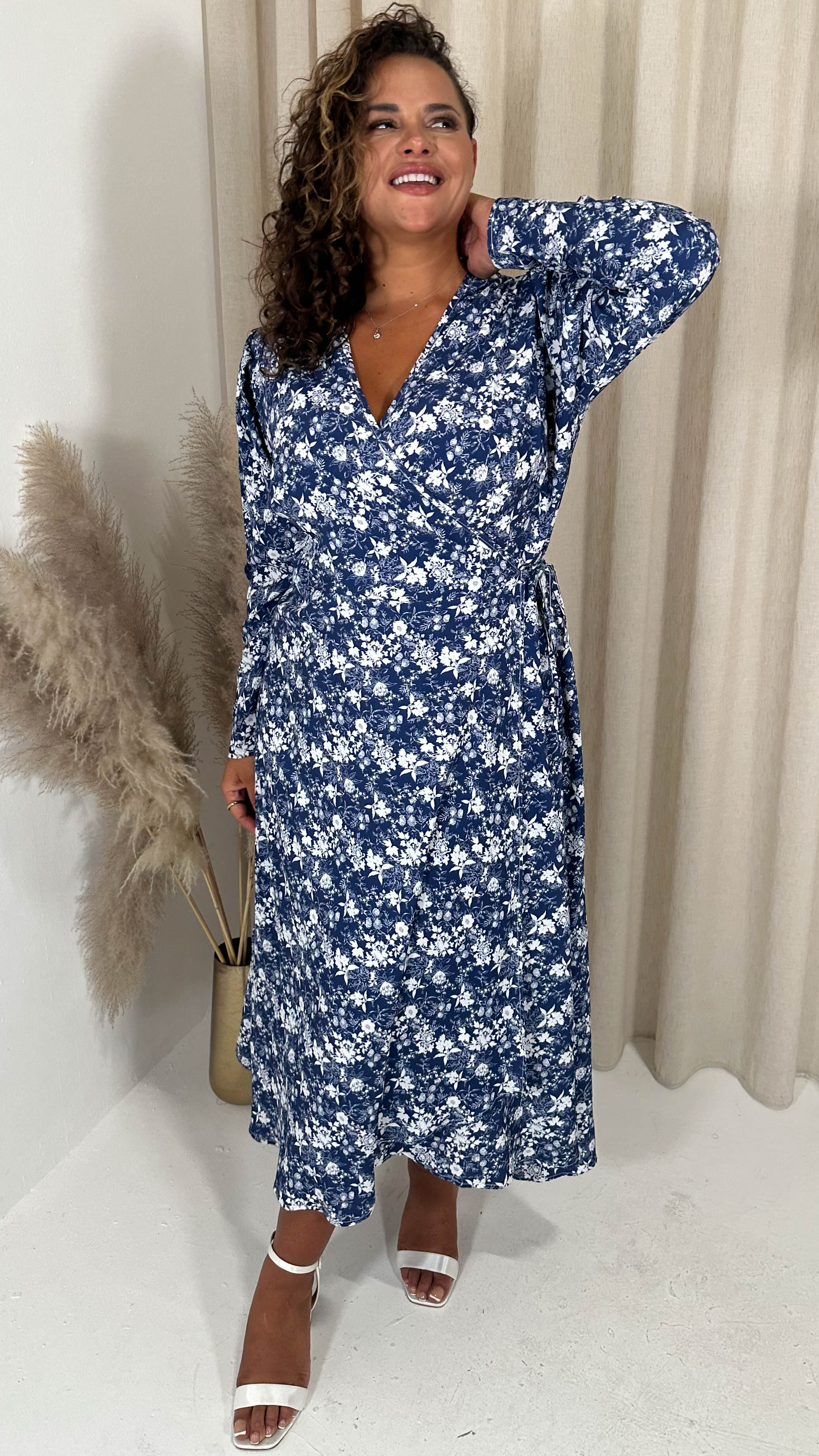 CurveWow Long Sleeve Wrap Dress Blue Ditsy