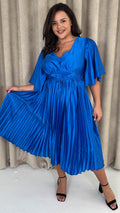 CurveWow 3/4 Sleeve Satin V Neck Pleated Midi Dress Blue