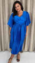 CurveWow 3/4 Sleeve Satin V Neck Pleated Midi Dress Blue