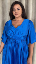 CurveWow 3/4 Sleeve Satin V Neck Pleated Midi Dress Blue