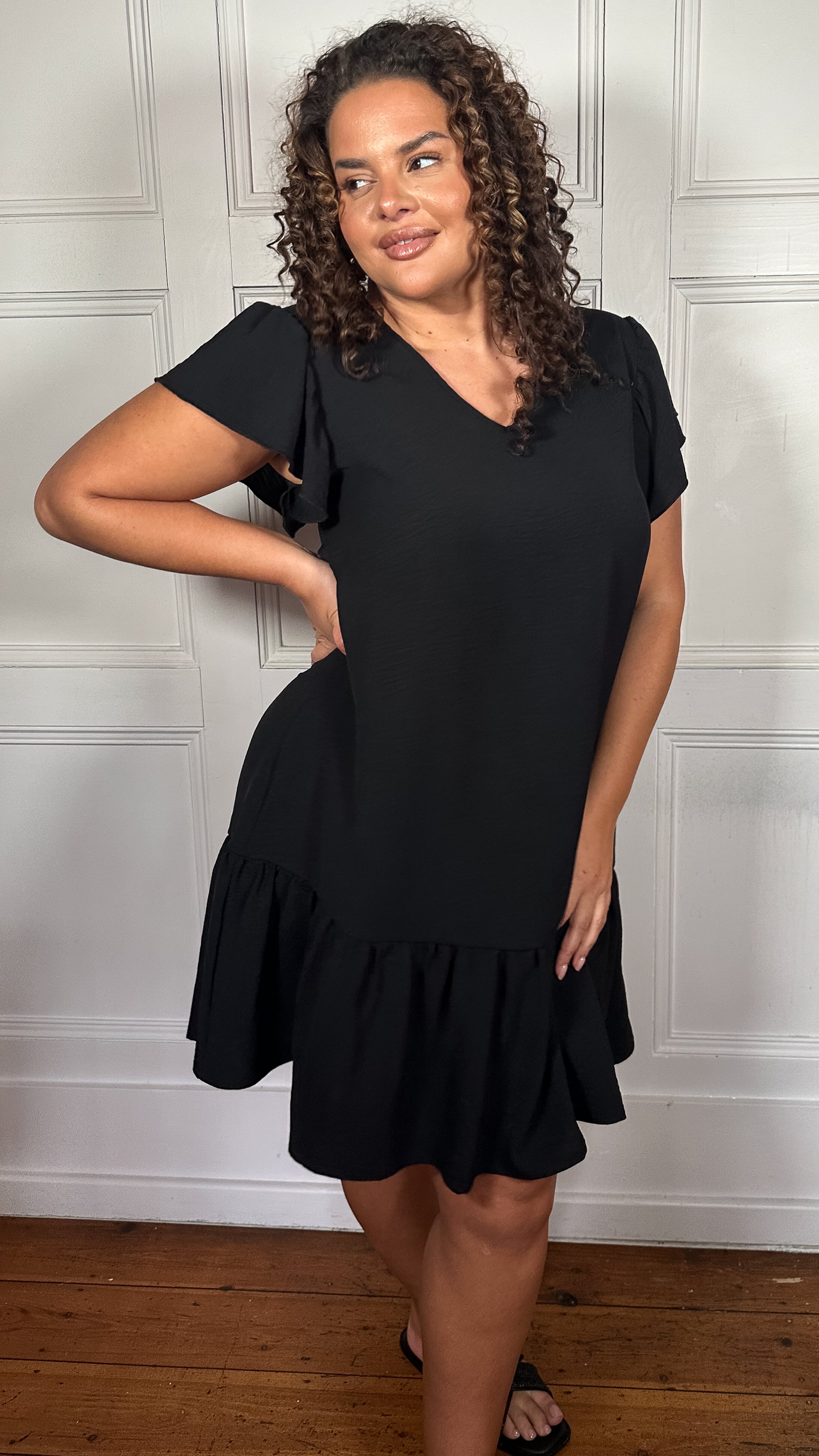 CurveWow Ruffle Tiered Mini Dress Black