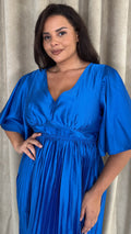 CurveWow 3/4 Sleeve Satin V Neck Pleated Midi Dress Blue