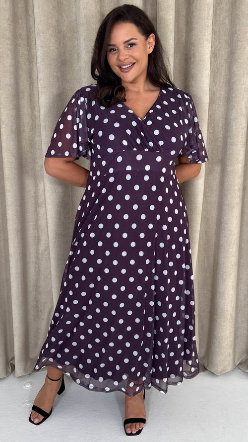 CurveWow Mesh Angel Sleeve Dress Plum Spot