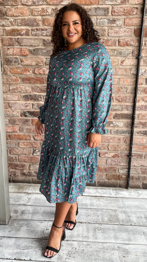 CurveWow Tiered Smock Dress Green Floral