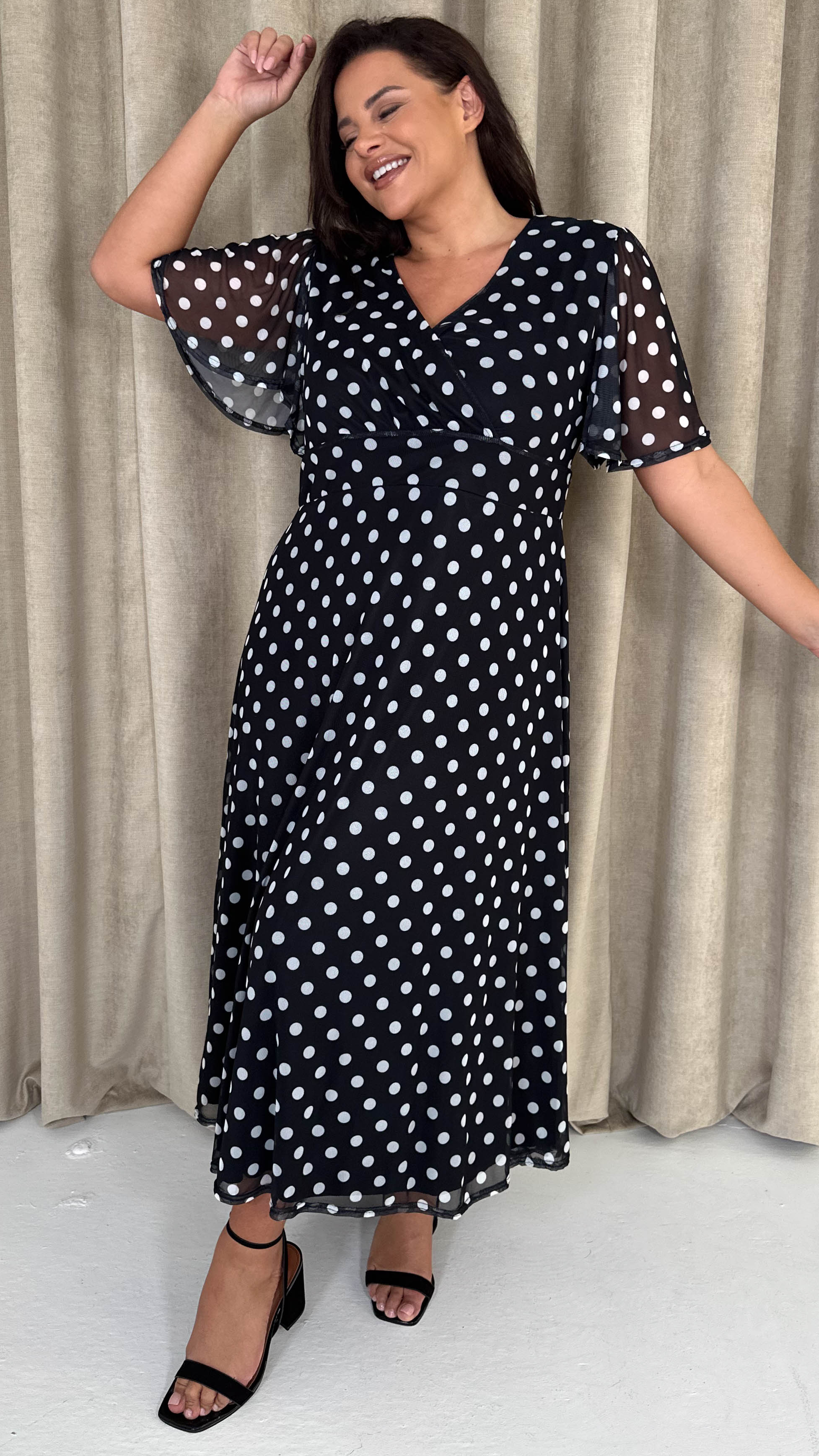 CurveWow Mesh Angel Sleeve Dress Black Polka Dot