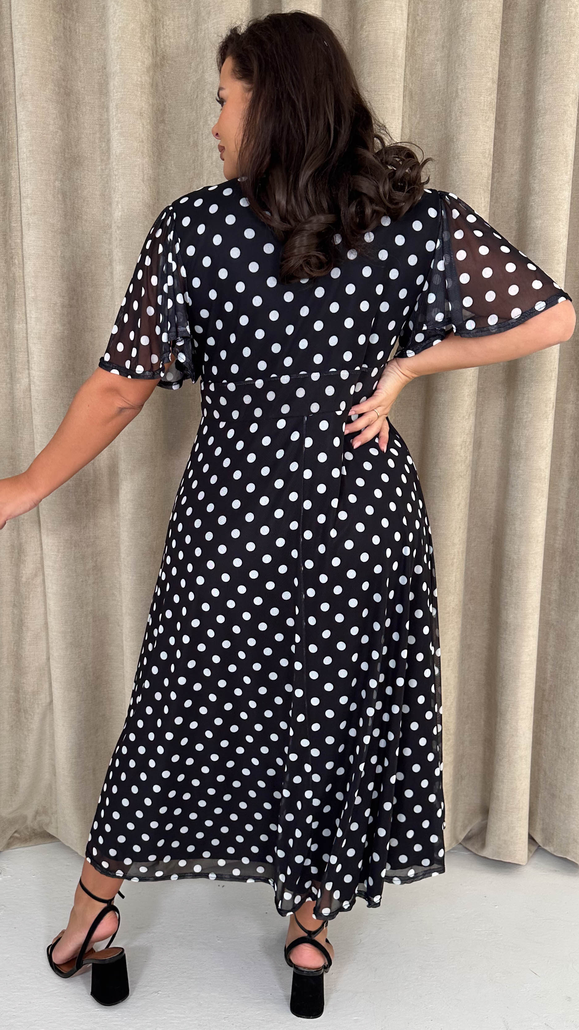 CurveWow Mesh Angel Sleeve Dress Black Polka Dot