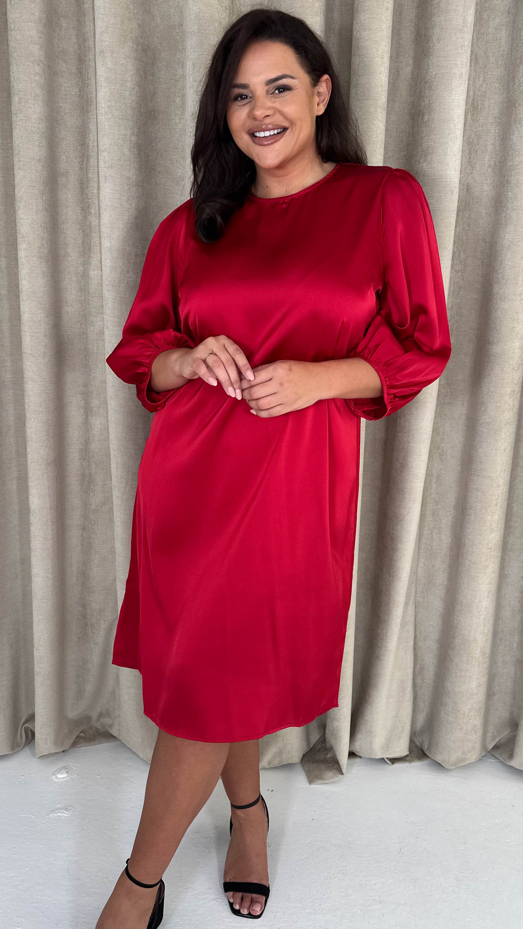 red shift dress CurveWow Balloon Sleeve Shift Dress Red – Curvewow