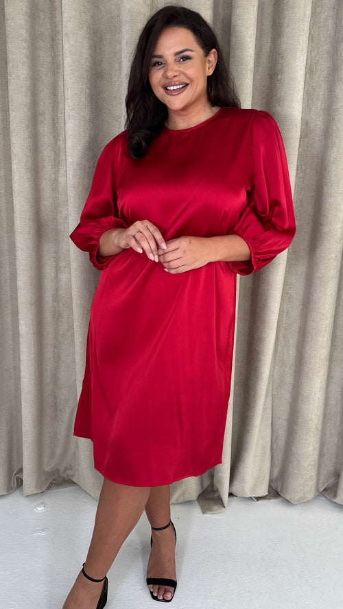 CurveWow Balloon Sleeve Shift Dress Red
