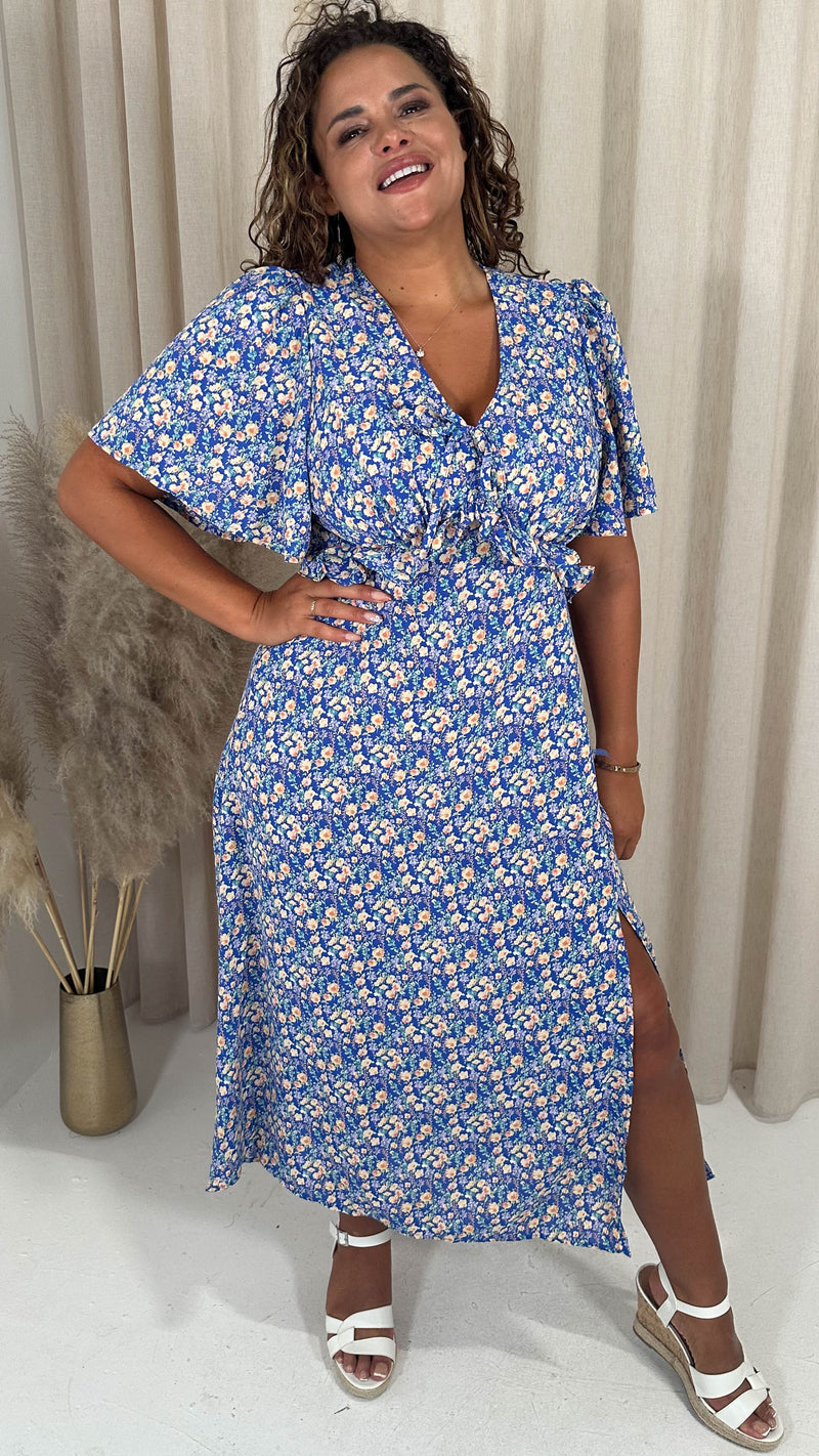 CurveWow Frill Bust Vneck Tea Dress Blue Floral Curvewow CurveWow Frill Bust Vneck Tea Dress Blue Floral Curvewow