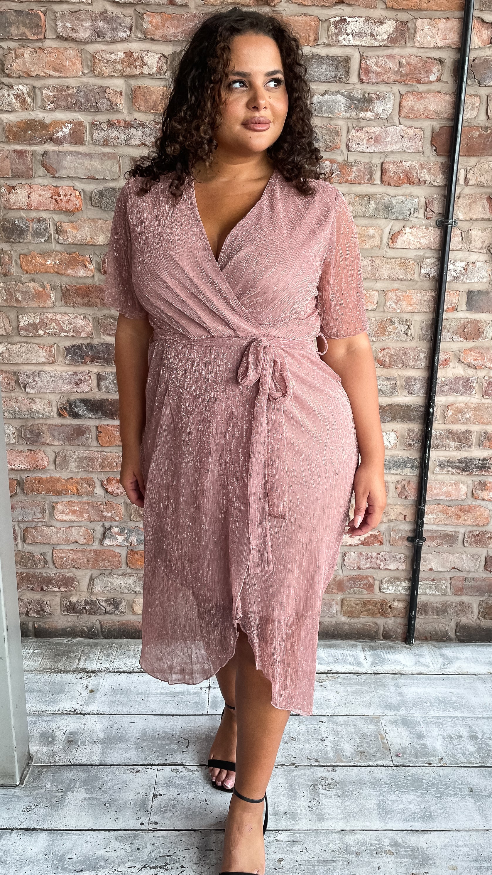 CurveWow Premium Plisse Wrap Midi Dress Blush
