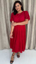 CurveWow Lace Top Pleated Dress Red
