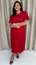 CurveWow Lace Top Pleated Dress Red