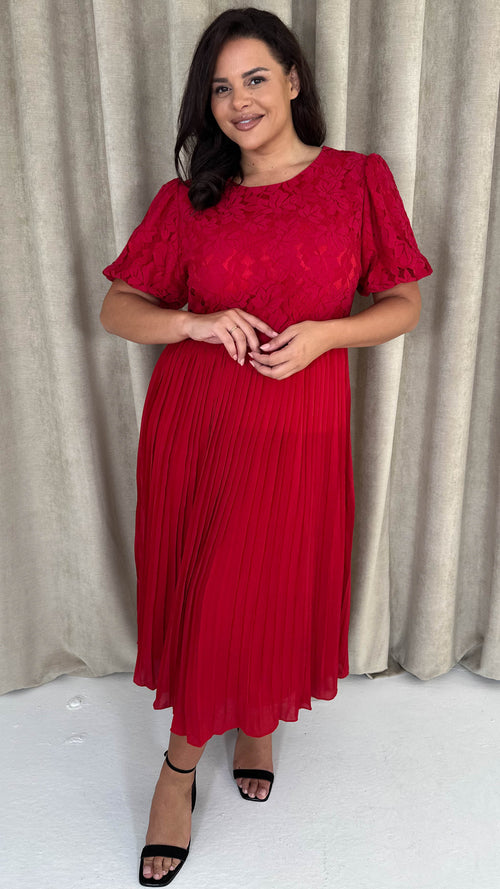 CurveWow Lace Top Pleated Dress Red