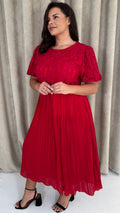 CurveWow Lace Top Pleated Dress Red