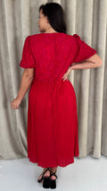 CurveWow Lace Top Pleated Dress Red