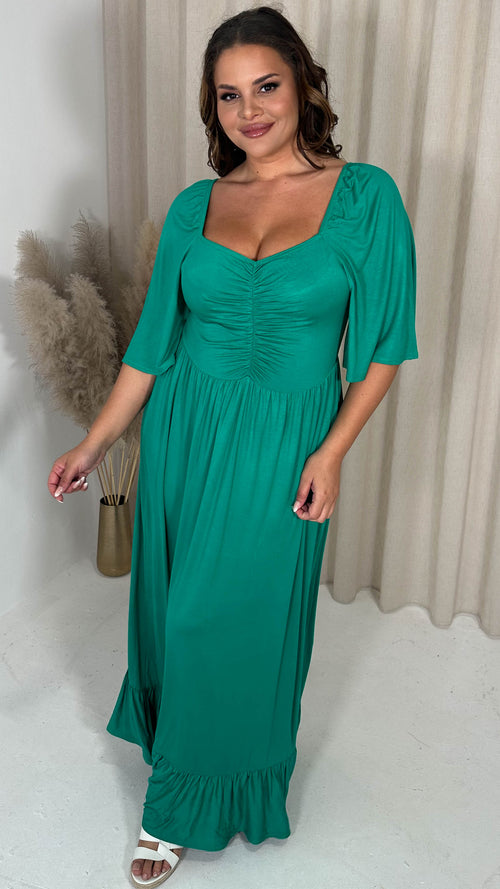 CurveWow Ruched Front Angel Sleeve Maxi Dress Green