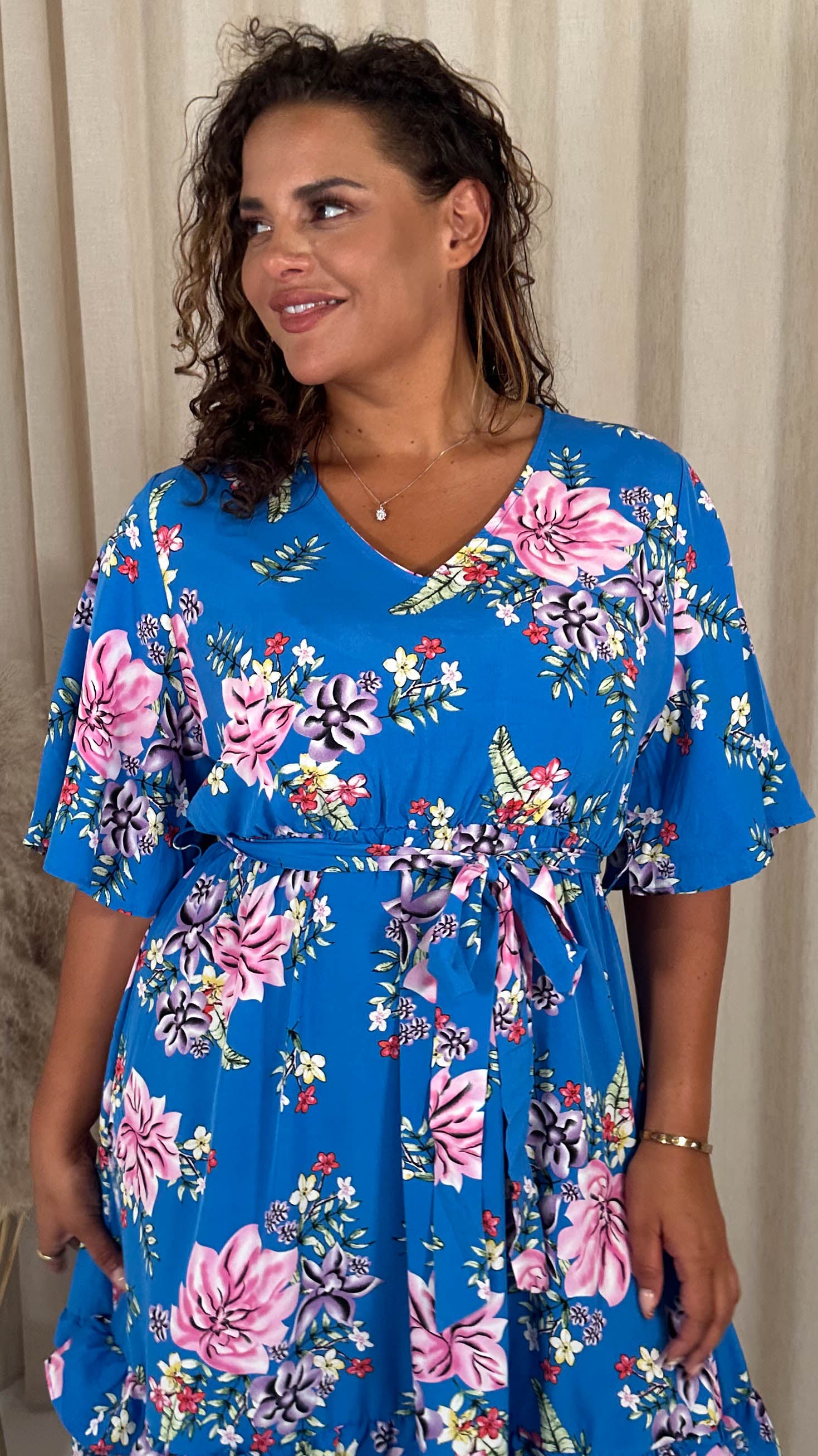 CurveWow V-Neck Ruffle Hem Floral Maxi Dress Blue Tropical